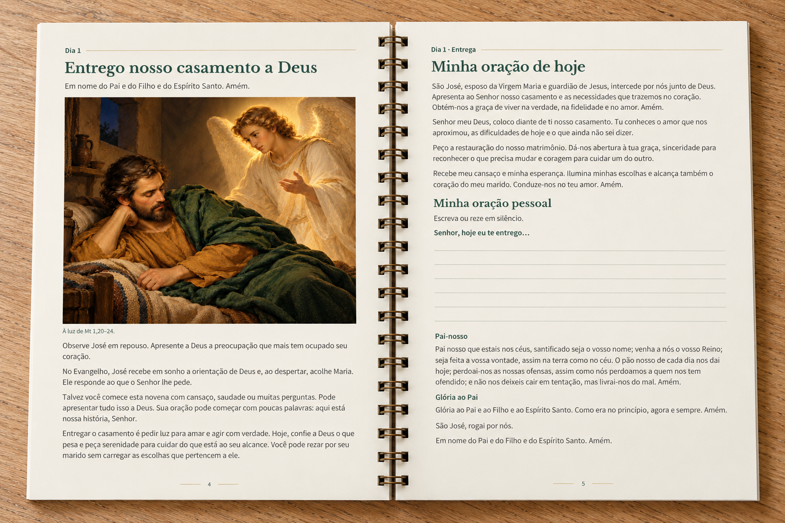 Novena aberta no Dia 1, com meditação ilustrada, orações e espaço para o pedido pessoal.