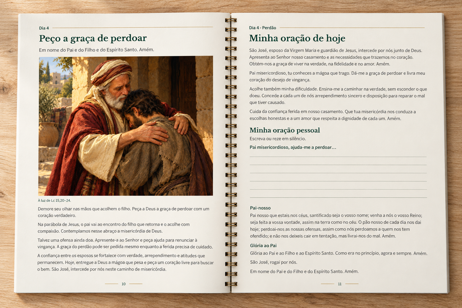 Novena aberta no Dia 4, com a pintura do pai misericordioso abraçando o filho e a oração do dia.