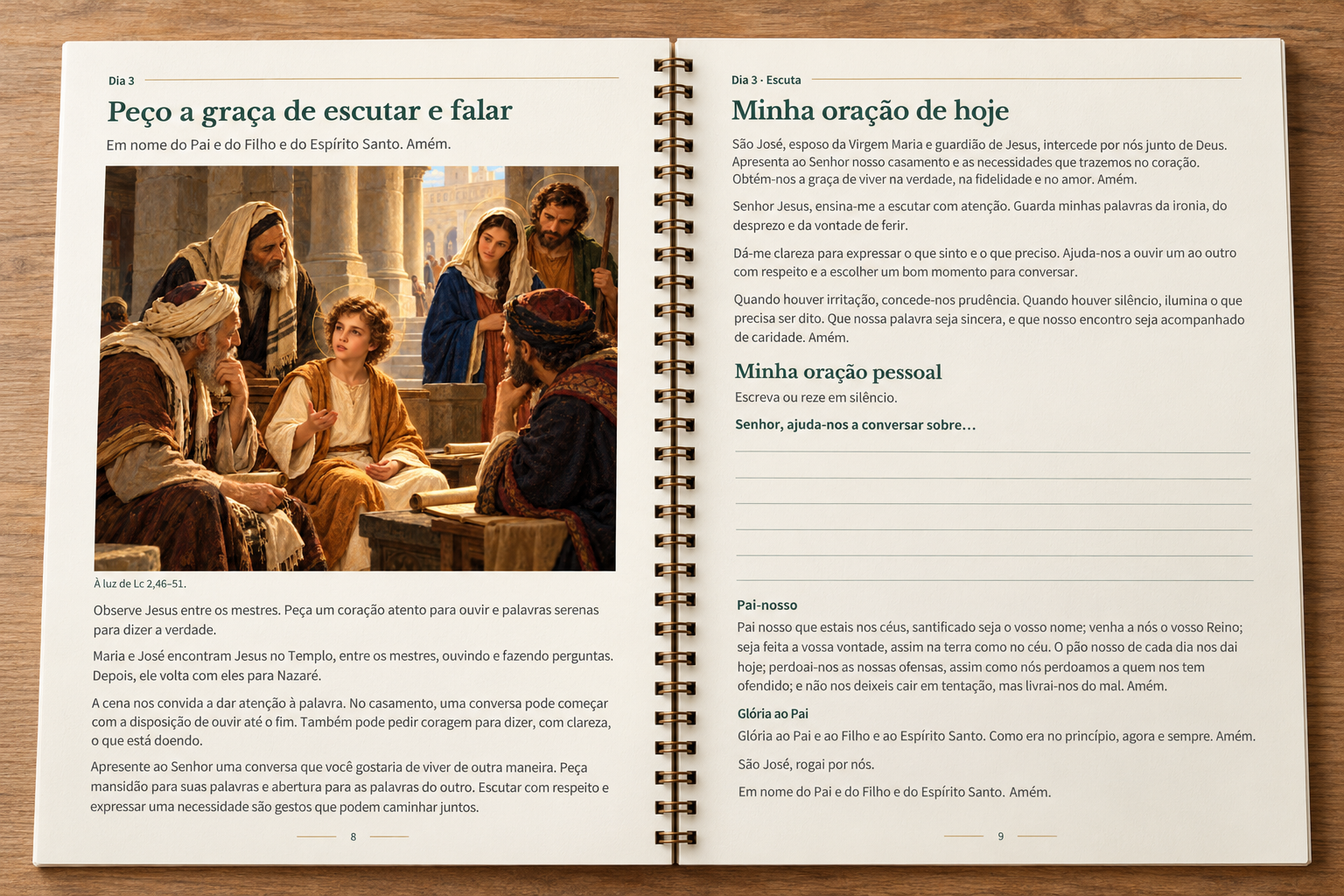 Novena aberta no Dia 3, com a pintura de Jesus entre os mestres no Templo e a oração do dia.